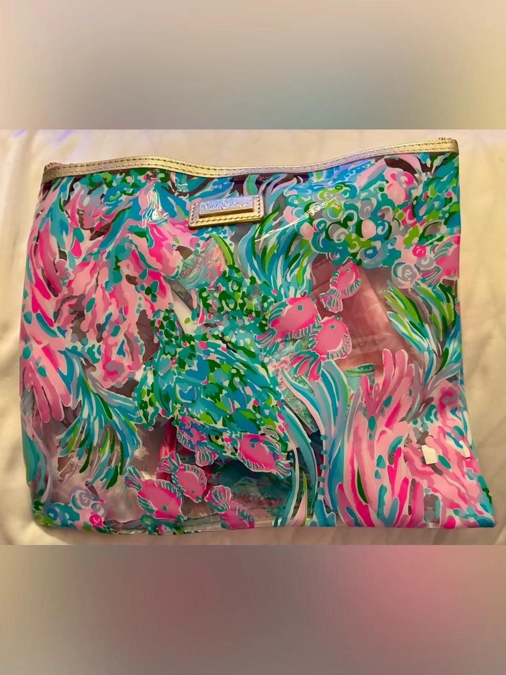 Lilly Pulitzer Pink Teal Floral Clear Beach Bag Set with Gold Trim - 5 pieces